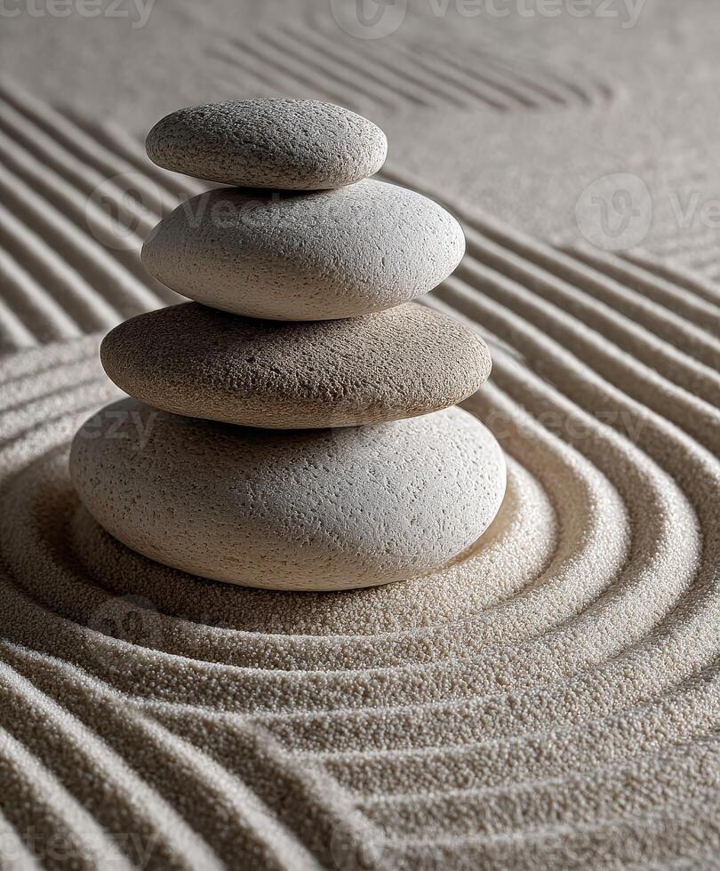Stacked stones create a calming sand pattern in a tranquil setting photo