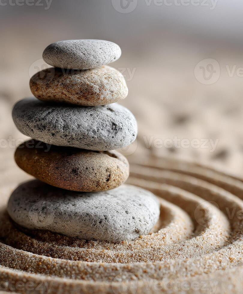Stones arranged in a stack on fine sand creating a tranquil landscape photo