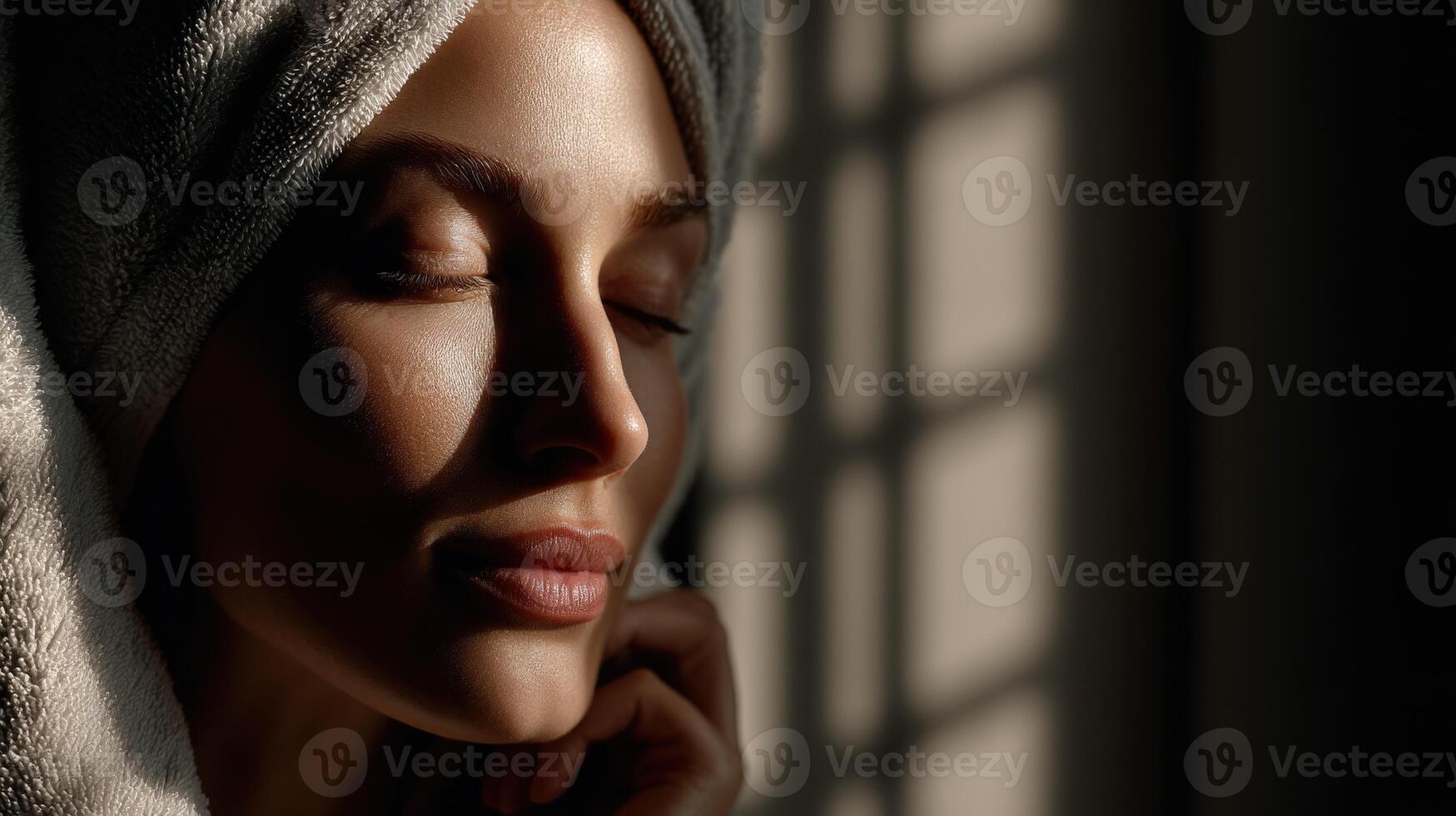 Relaxing moment captured with soft light and serene expression indoors photo