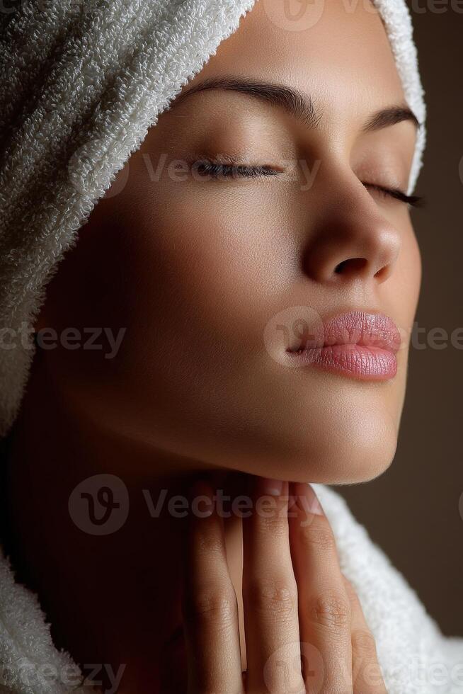 Woman relaxing with peaceful expression during skin care routine at home photo