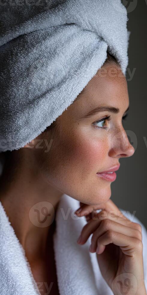 Woman in a white towel reflecting calmly while looking out a window photo