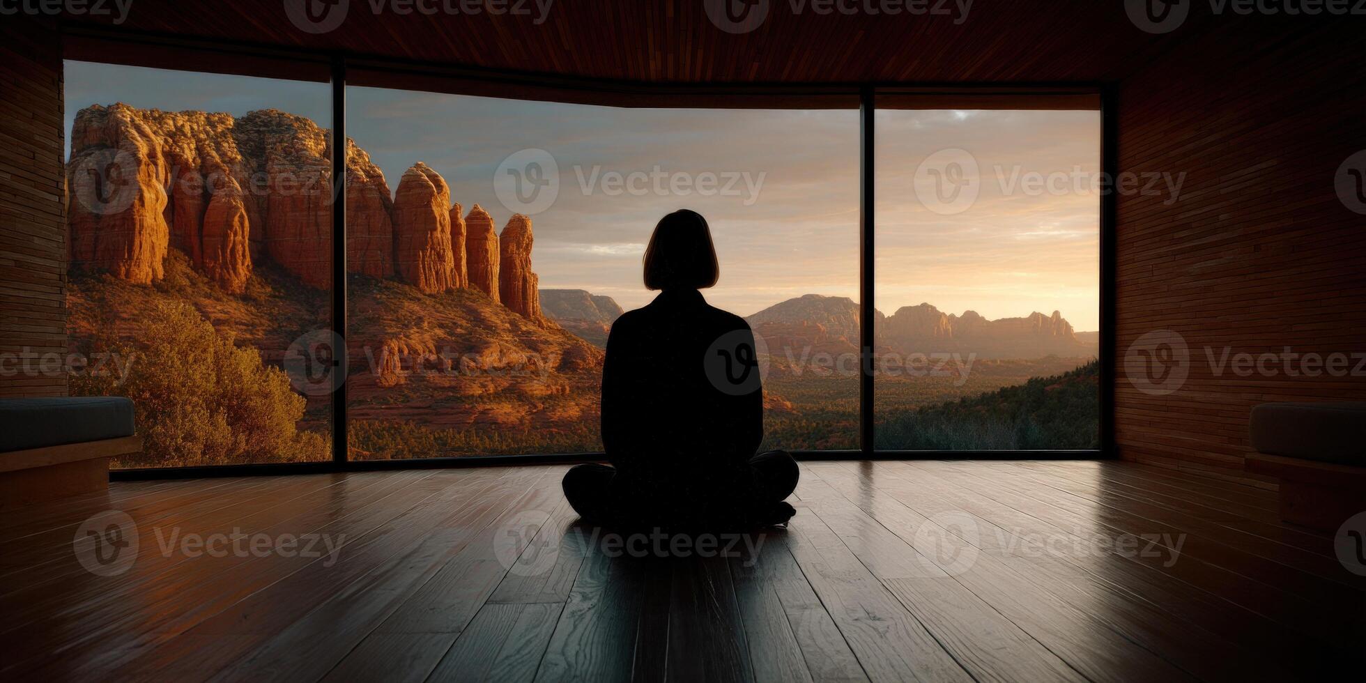 Meditating with a view of red rock formations in a serene setting photo
