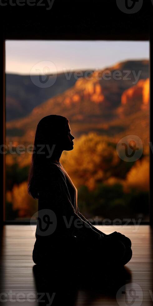 Meditation at sunset with a backdrop of stunning mountains and nature photo