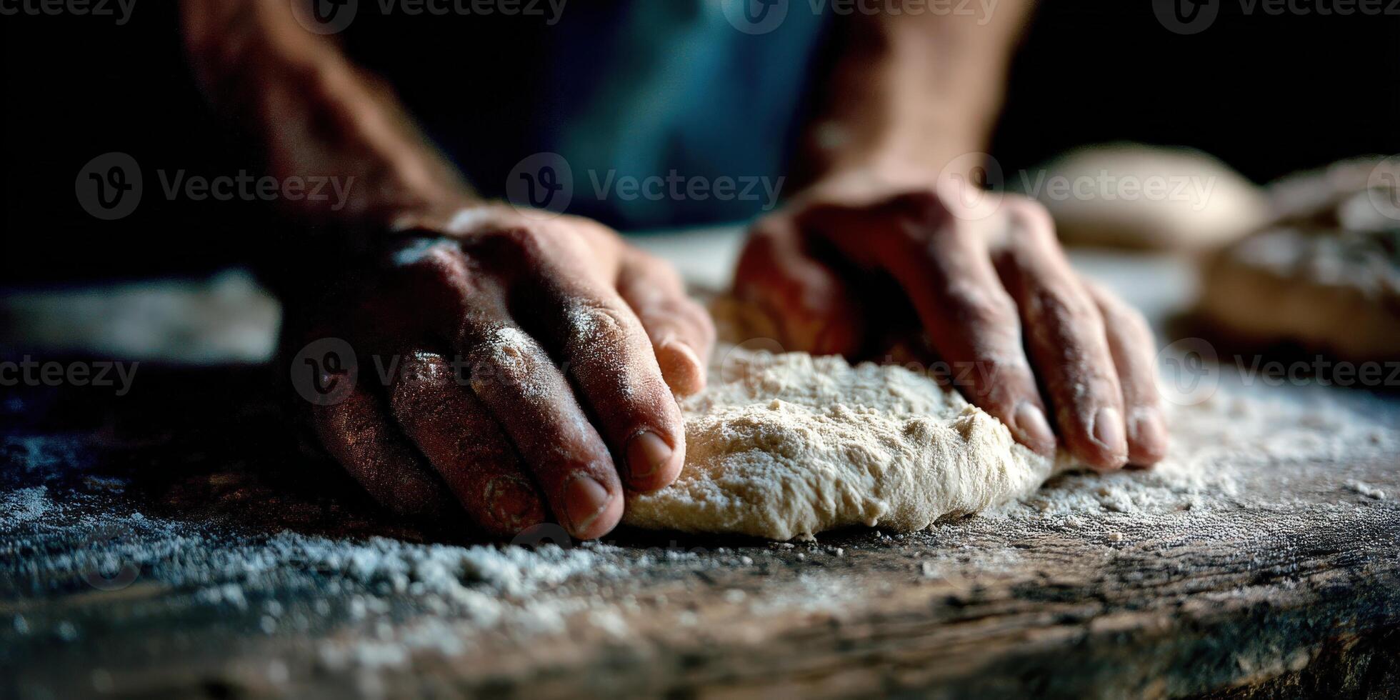 Hands kneading dough on a table photo