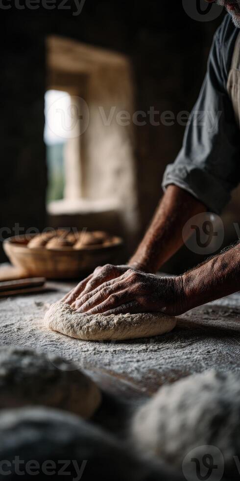 Mastering the craft of bread making in a rustic kitchen environment photo