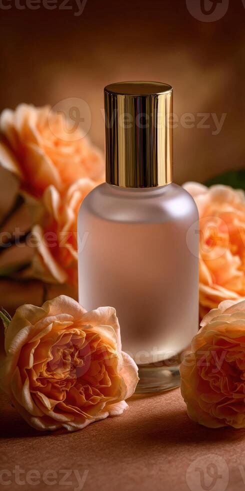 Elegant rose-scented perfume bottle surrounded by blooming roses photo