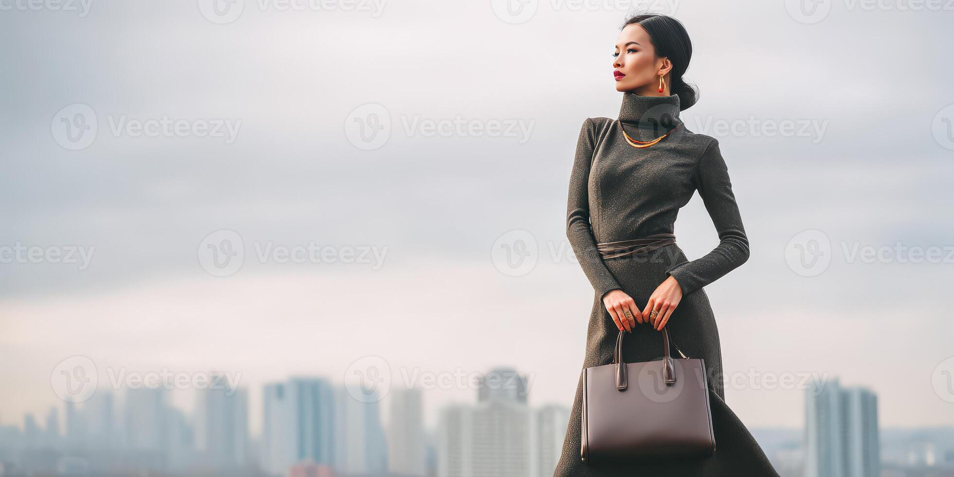 Elegant woman posing against a city skyline on a cloudy day photo