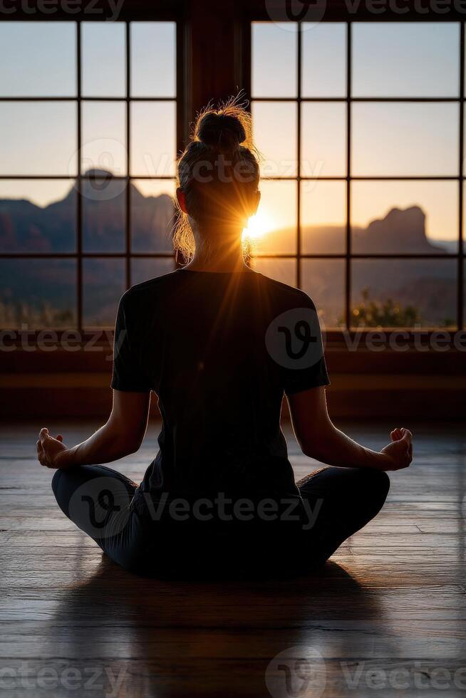 Mindful meditation at sunset in a serene indoor setting photo