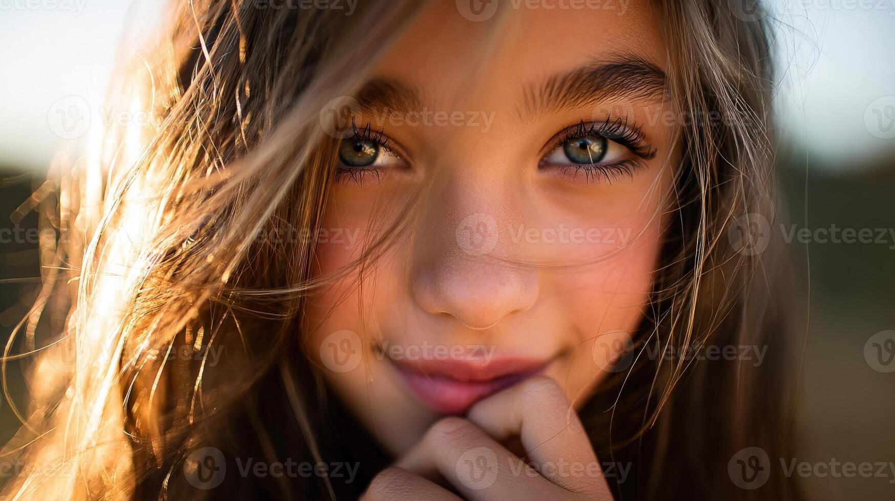 Portrait of a girl with sparkling blue eyes against a sunset background photo