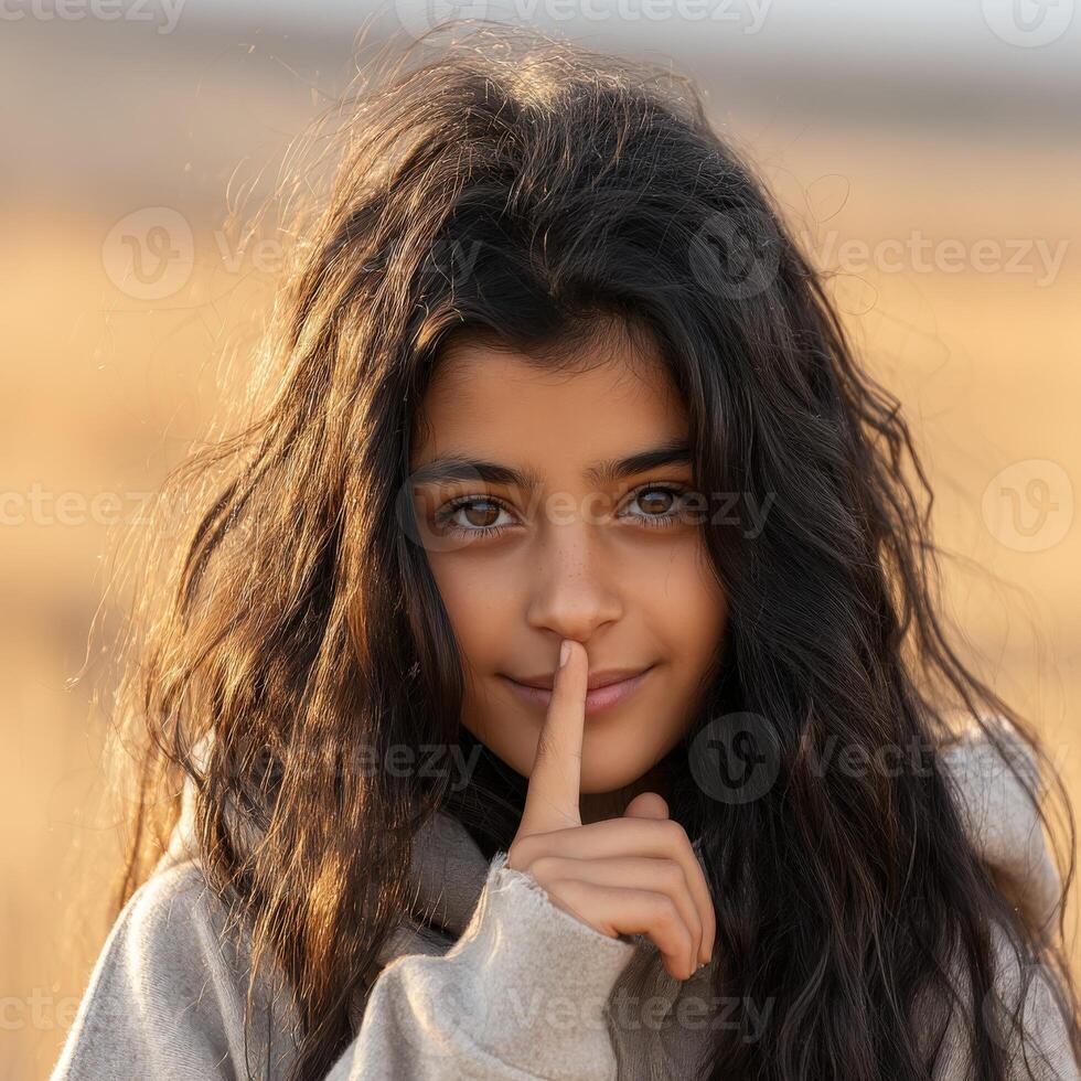Young girl in a field making a shushing gesture during golden hour photo