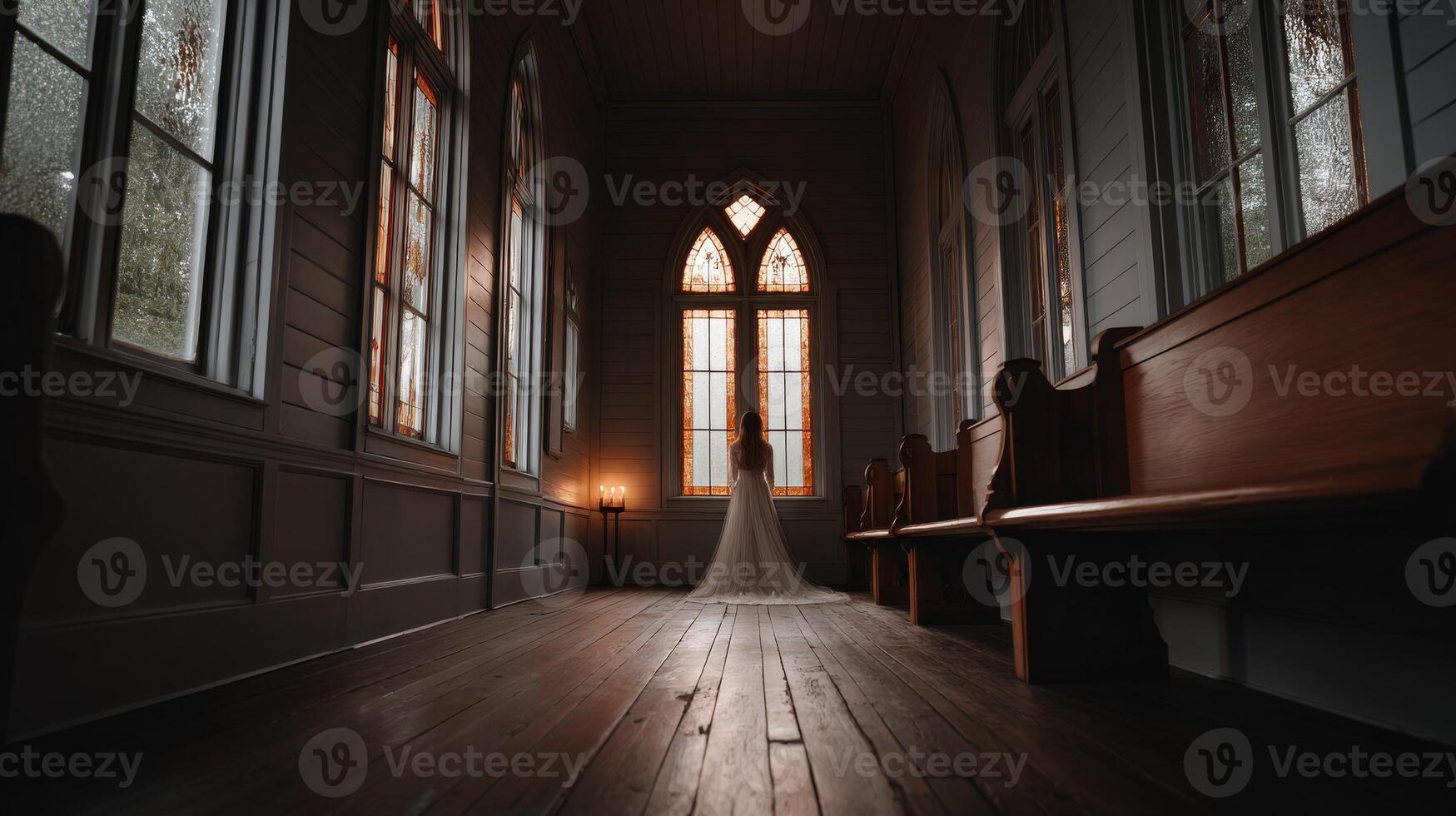 Bride standing by large windows in an old chapel during a rainy day photo