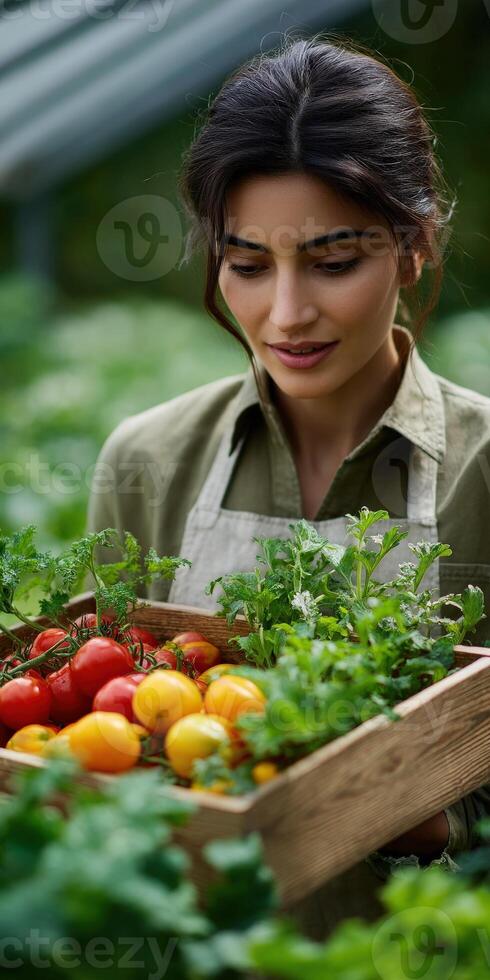 Woman harvesting fresh vegetables in a lush garden during daylight photo