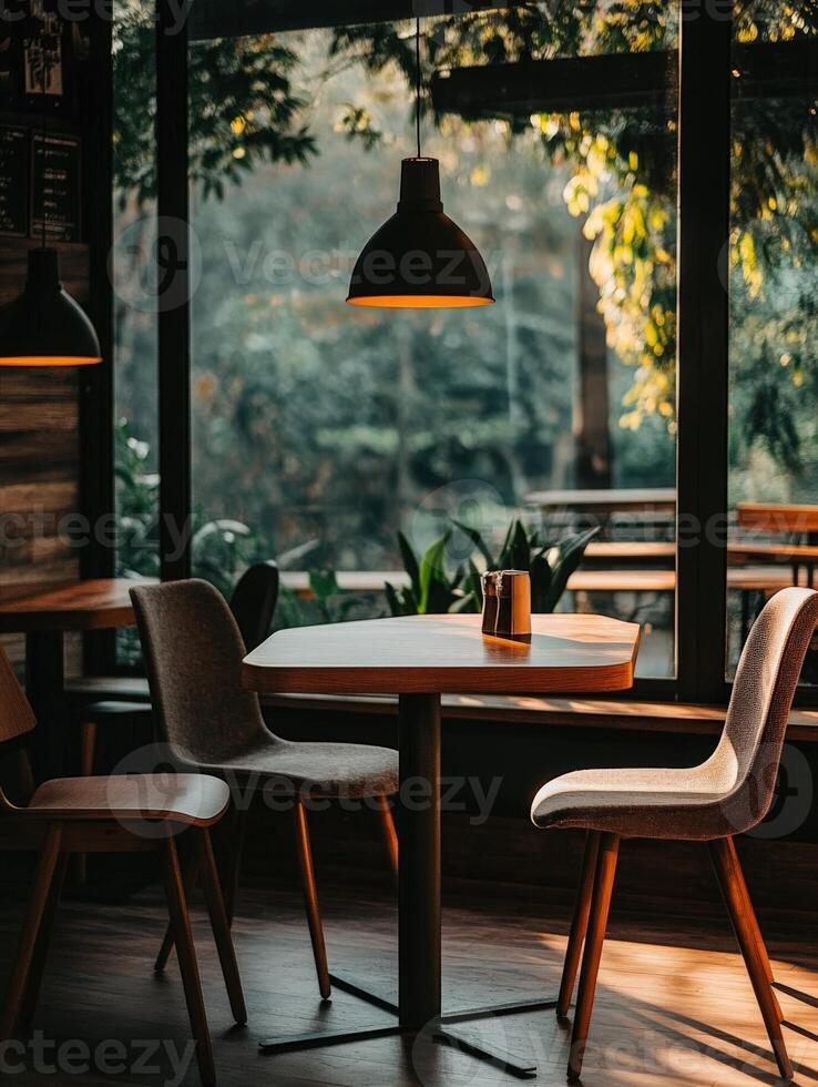 Cozy cafe interior in soft evening light with wooden furniture photo