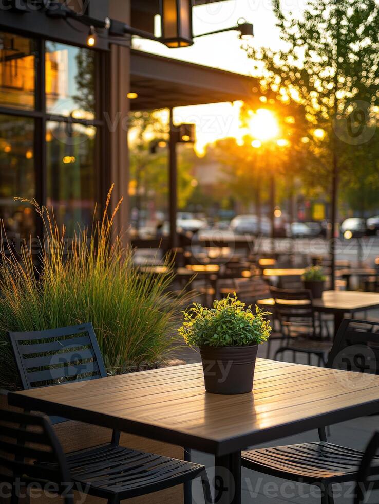 Sunset view of outdoor cafe with plants and empty tables in summer photo