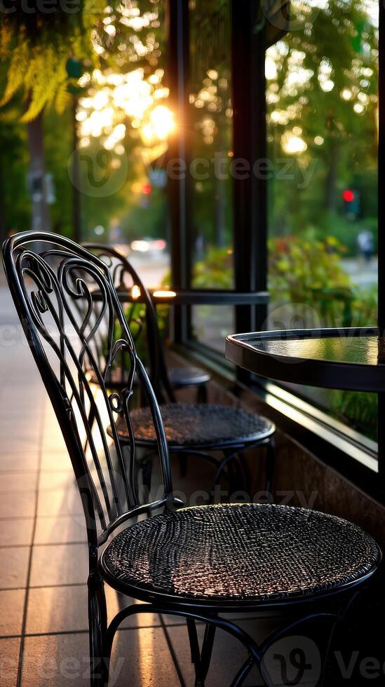 Charming cafe setting with sunlit chairs and tables on a warm evening photo