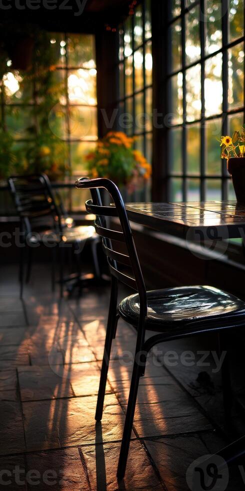 Sunset light filtering through windows in a cozy indoor space with chairs photo
