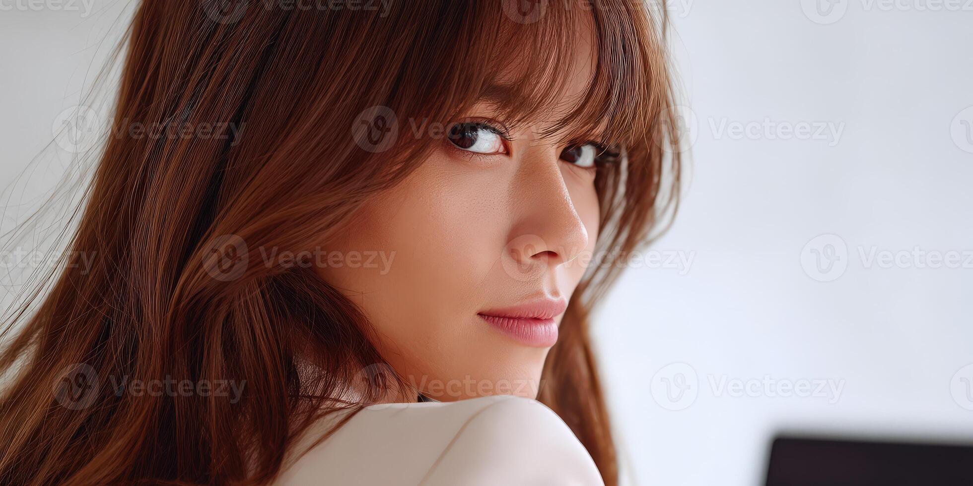 Woman with brown hair looks back while sitting in a modern workspace photo
