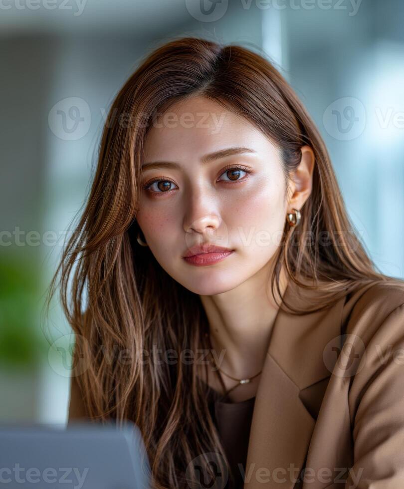 Professional woman in a modern office during a sunny afternoon photo
