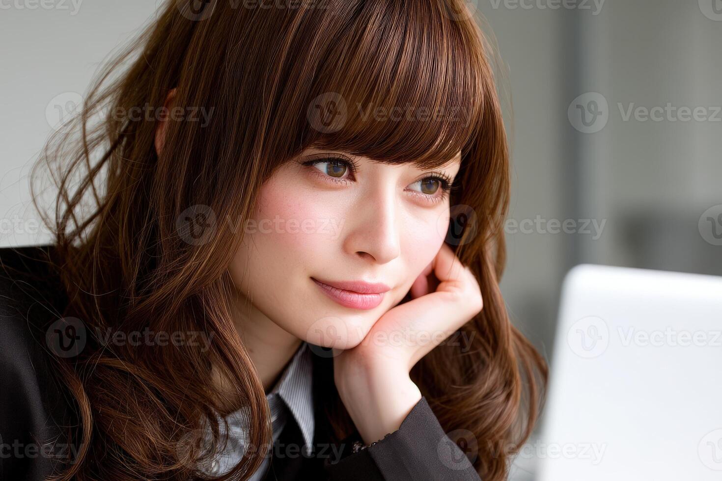 Woman with brown hair focused on a laptop in a bright office setting photo
