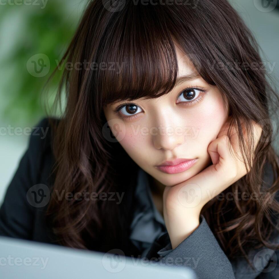 Professional woman with thoughtful expression in modern office setting photo