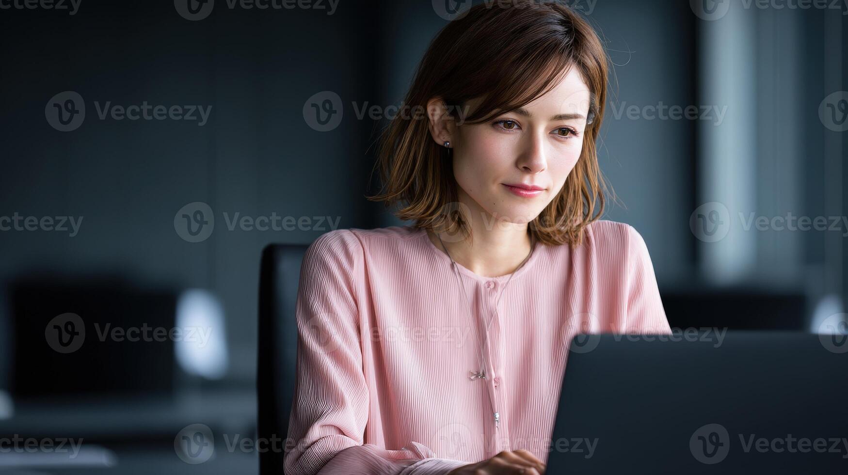 Young professional focused on work during a quiet office morning photo