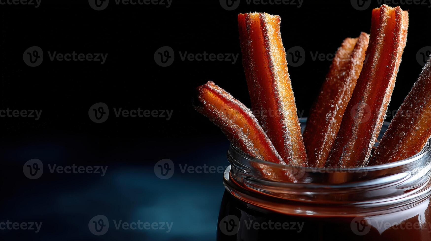 Churros served in a clear jar with chocolate dip on a dark background photo