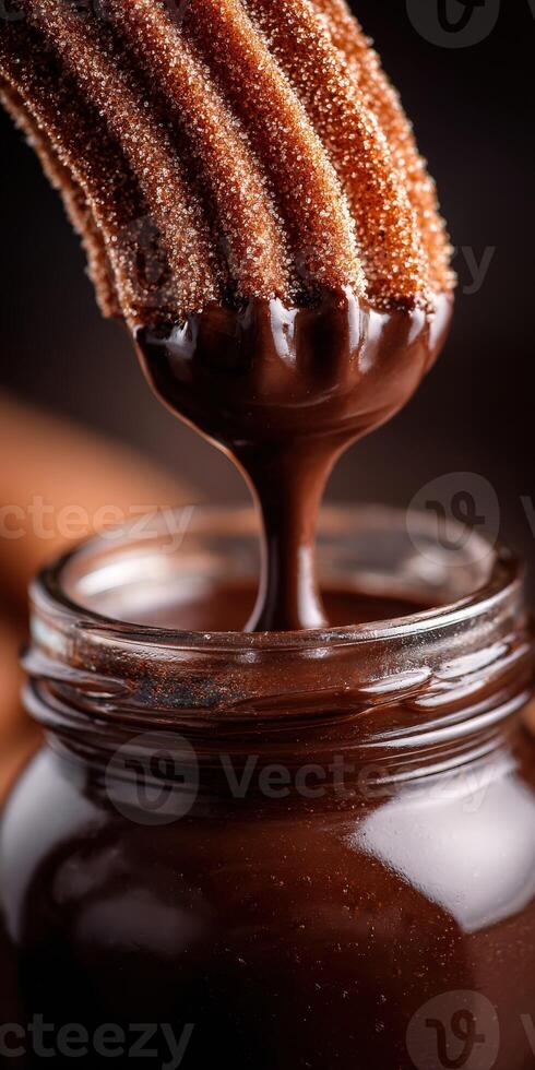 Delicious churro dipped in rich chocolate sauce at dessert time photo