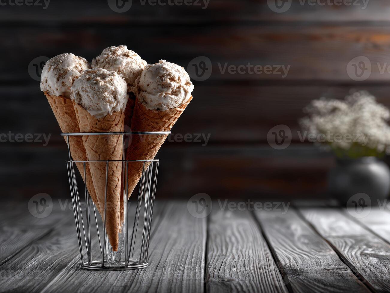 Delicious ice cream cones in a rustic wooden setting during daylight photo