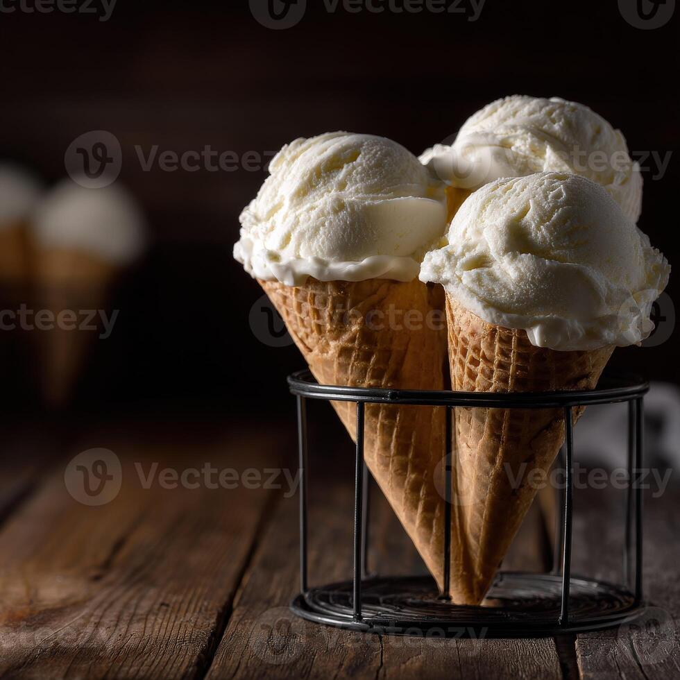 Three scoops of creamy vanilla ice cream in waffle cones on a rustic table photo