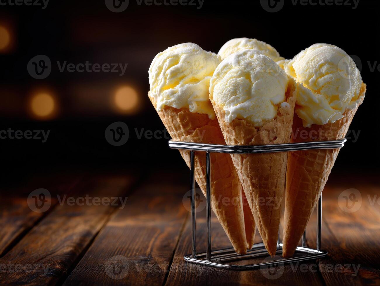 Enjoy delicious ice cream cones displayed on a rustic wooden table photo