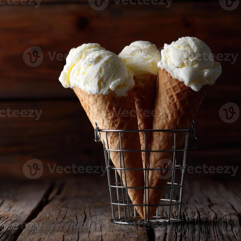 Enjoying delicious ice cream cones in a rustic setting photo