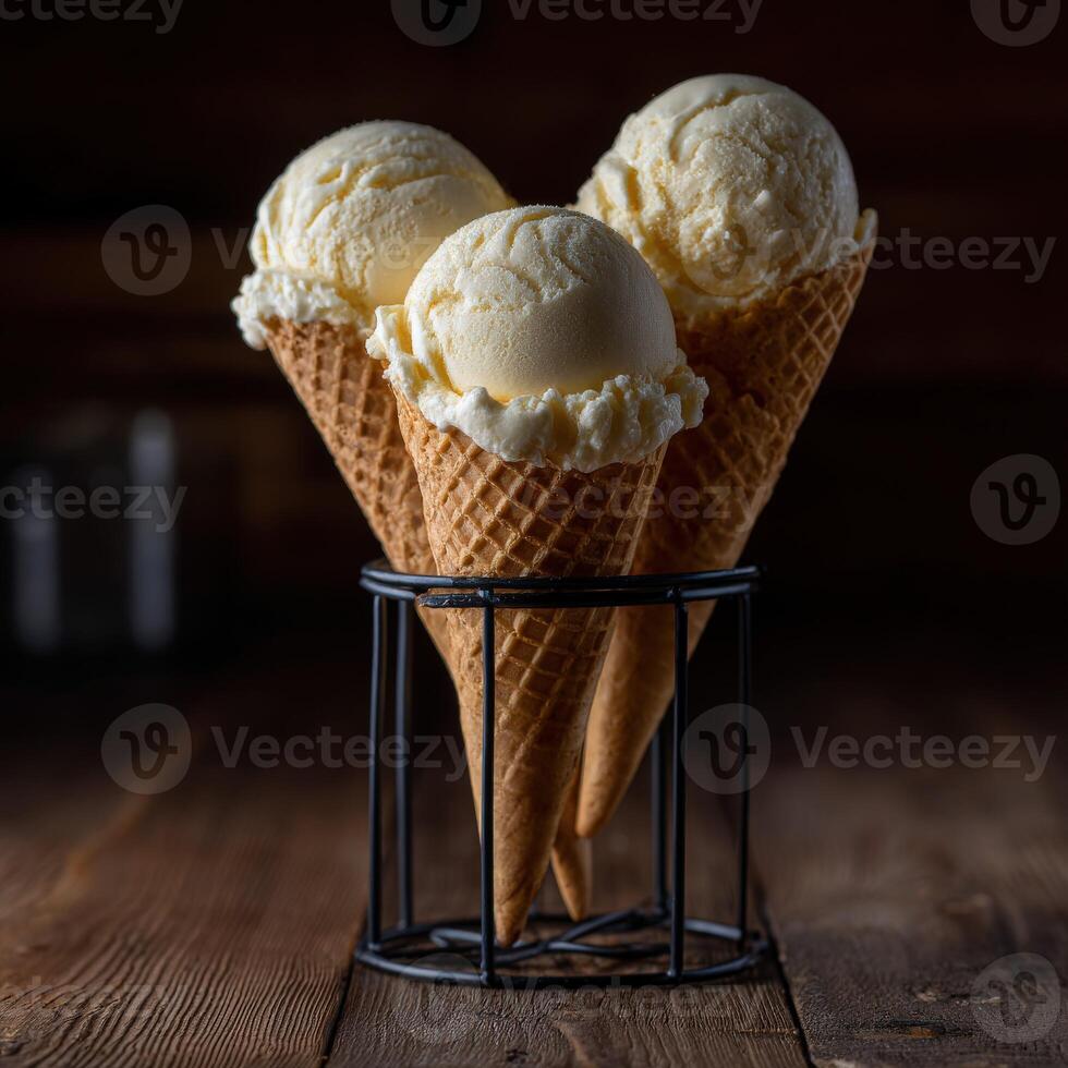 Three scoops of vanilla ice cream in waffle cones served in a holder photo