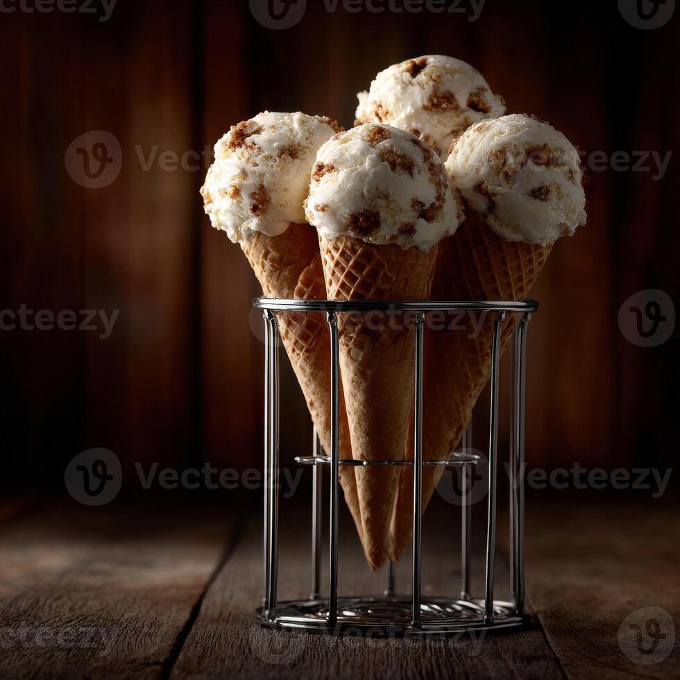 Freshly scooped ice cream cones on display in a rustic setting photo