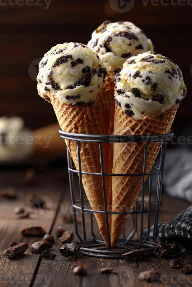 Delicious ice cream cones with chocolate chunks in a rustic setting photo