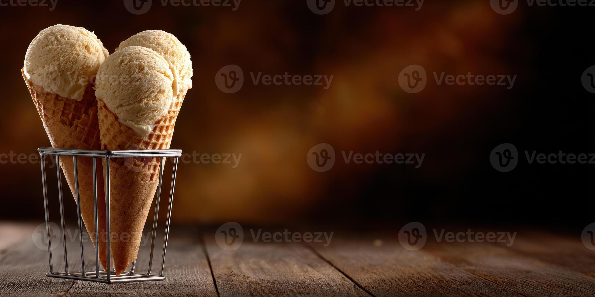 Delicious ice cream cones displayed on a wooden table with a warm background photo