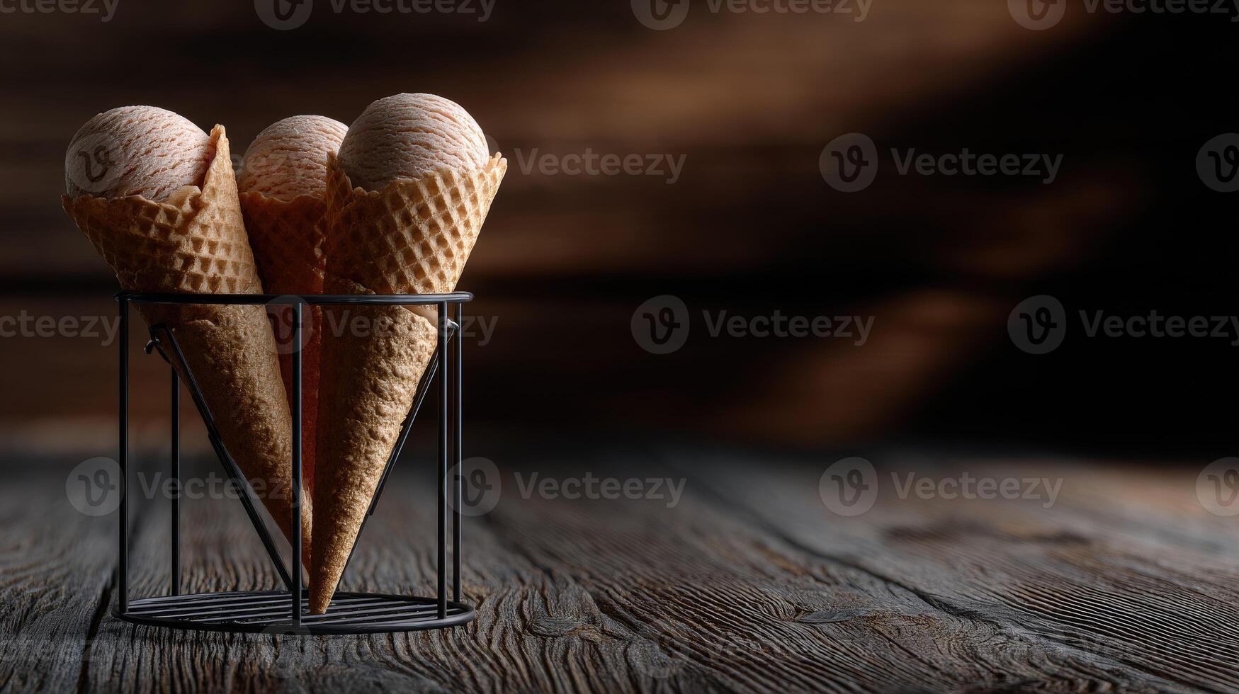 Delicious ice cream cones in a rustic setting on a wooden table photo