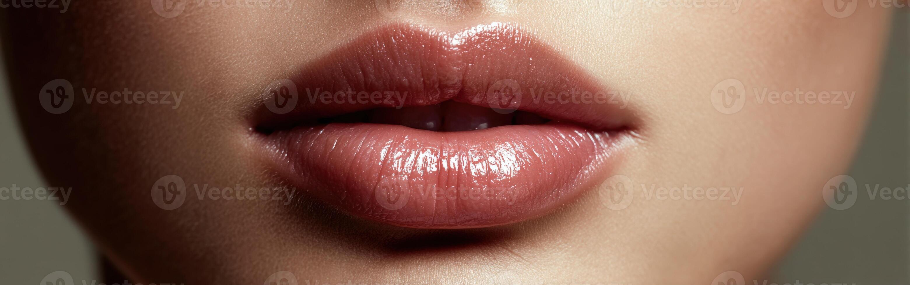 Close-up of glossy lips showcasing a natural beauty look in soft lighting photo