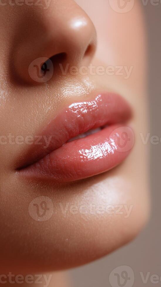 Glossy soft lips highlighted with a natural sheen in close-up view photo