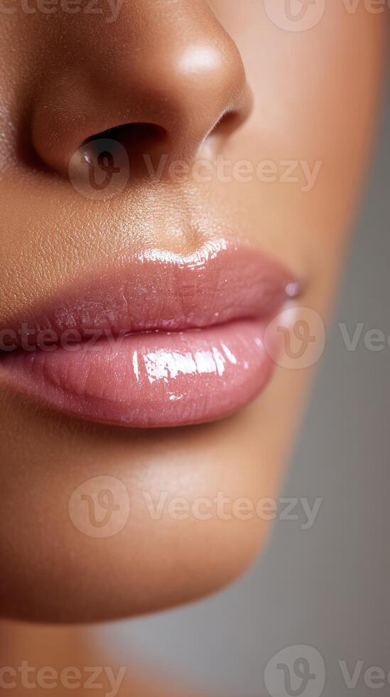 Close-up of beautifully polished lips under soft lighting in a studio photo