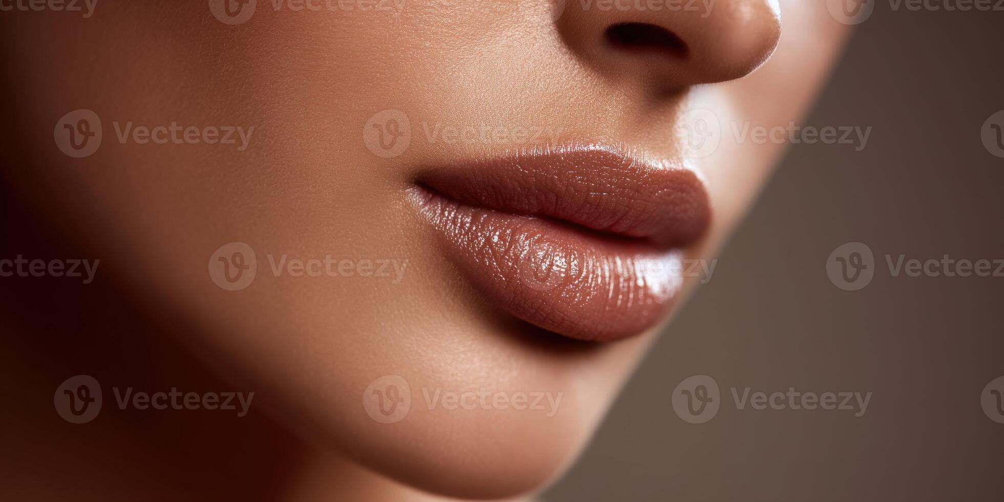 Detailed close-up of healthy lips with a glossy finish in soft lighting photo