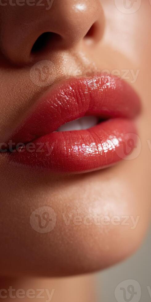 Close-up view of beautifully shaped lips with glossy finish in soft light photo