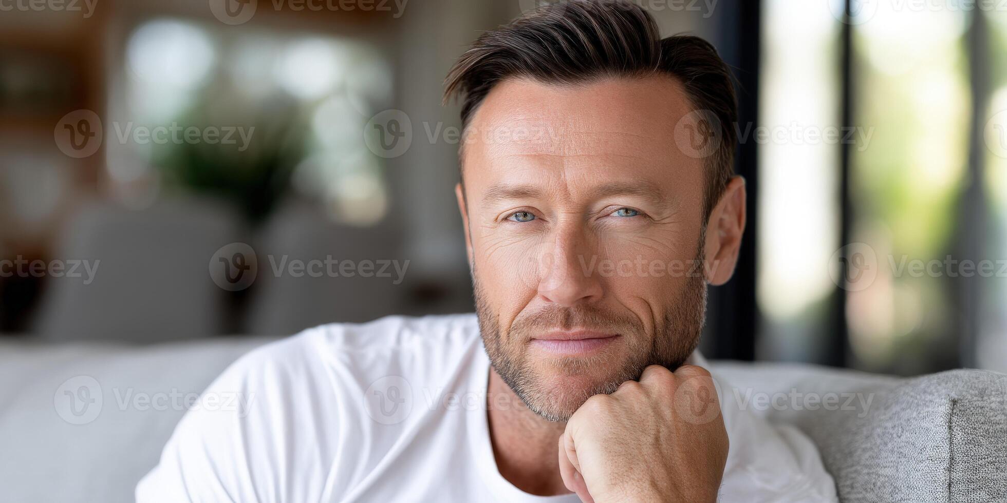 Man posing thoughtfully indoors with a warm expression and relaxed demeanor photo