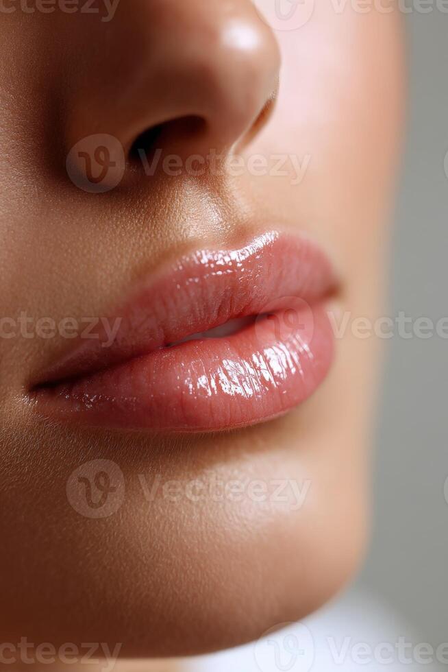 Close-up view of soft, glossy lips with a natural look and smooth skin texture photo