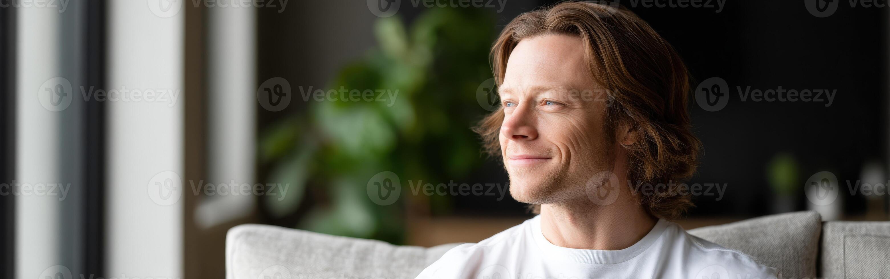 Man enjoying quiet moment indoors with natural light and greenery photo