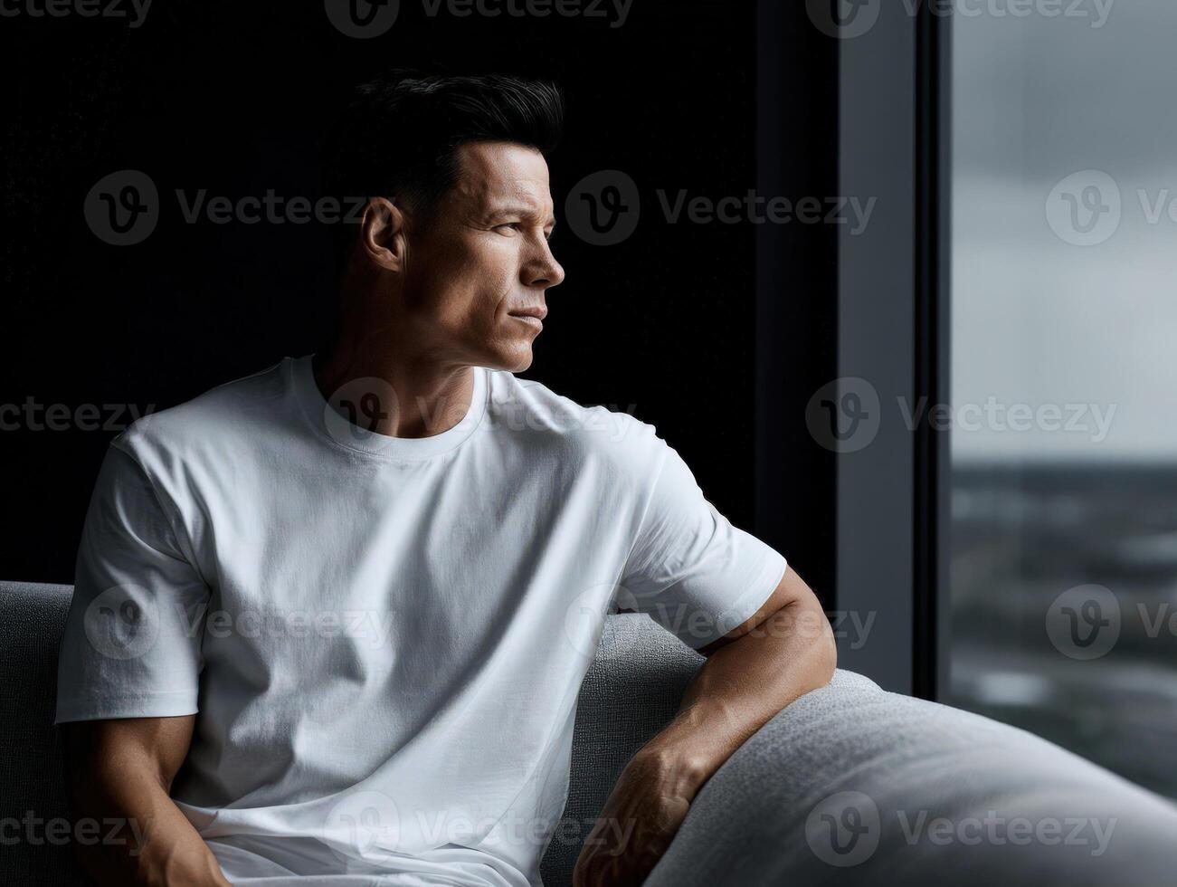 Man contemplating by the window in a modern room during cloudy day photo