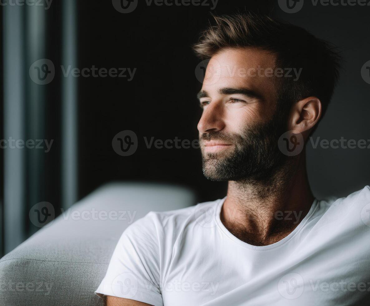 Man relaxing indoors while enjoying a moment of tranquility during daylight photo