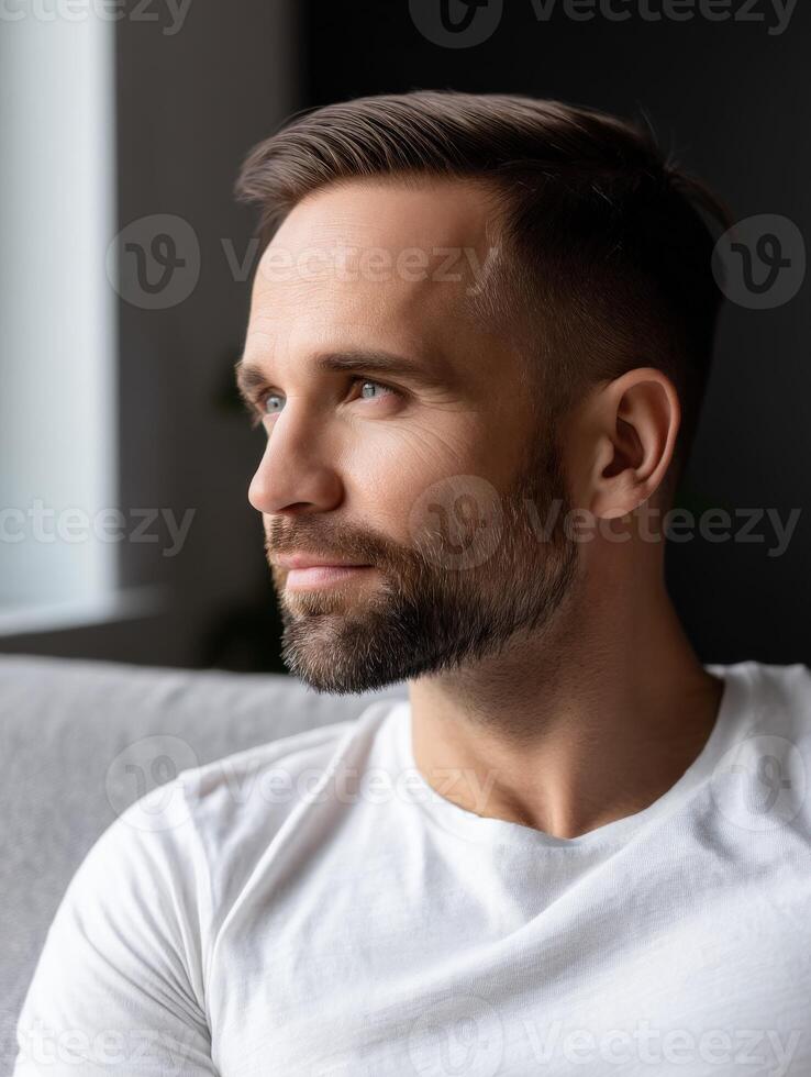 Man sitting indoors with thoughtful expression in natural light photo