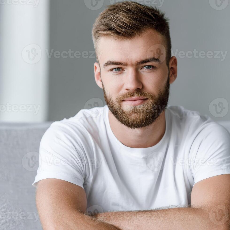 Young man with beard sitting casually indoors in natural light photo