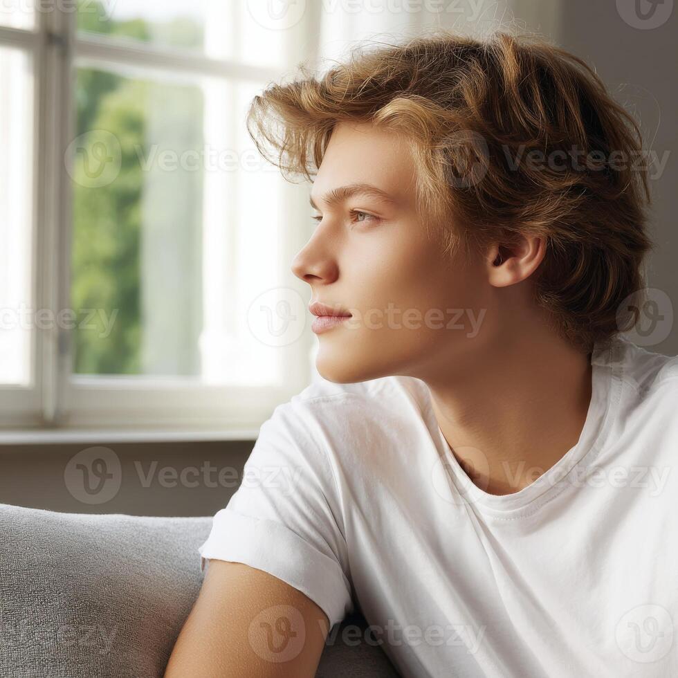 Young man gazes thoughtfully out the window in a cozy room setting photo