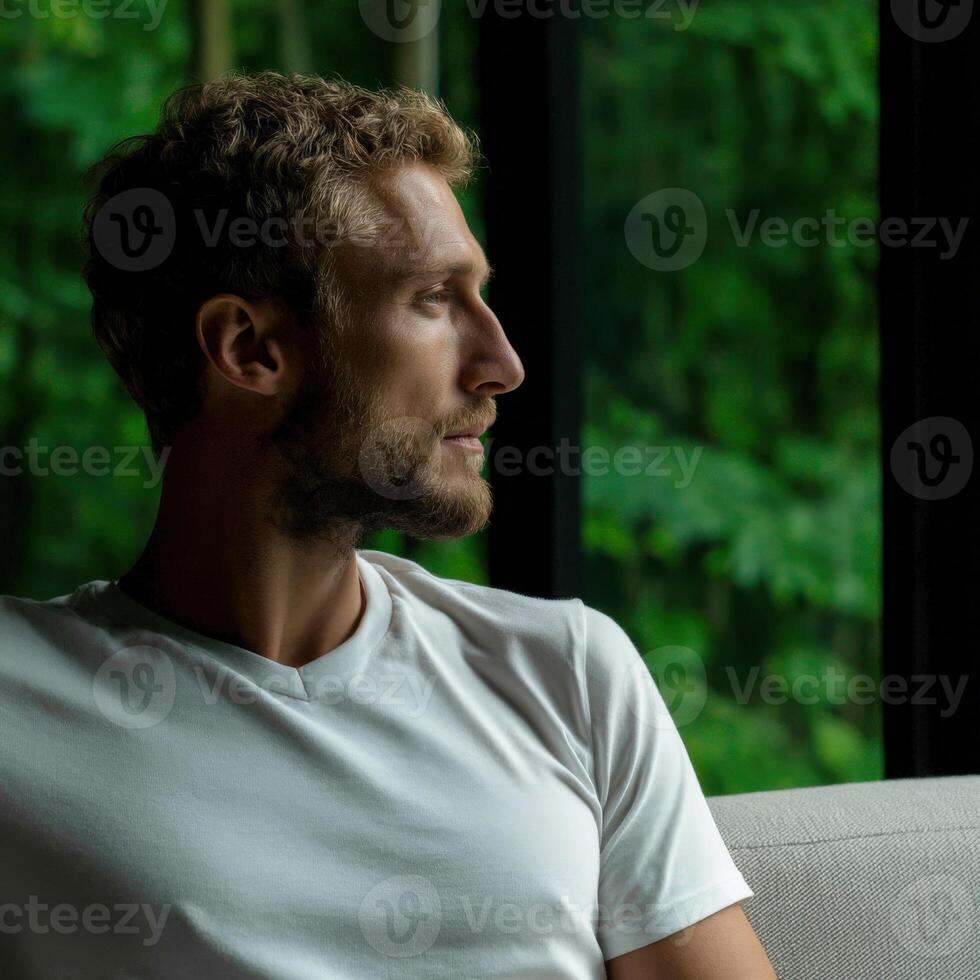 Thoughtful man enjoying nature from a cozy indoor space photo